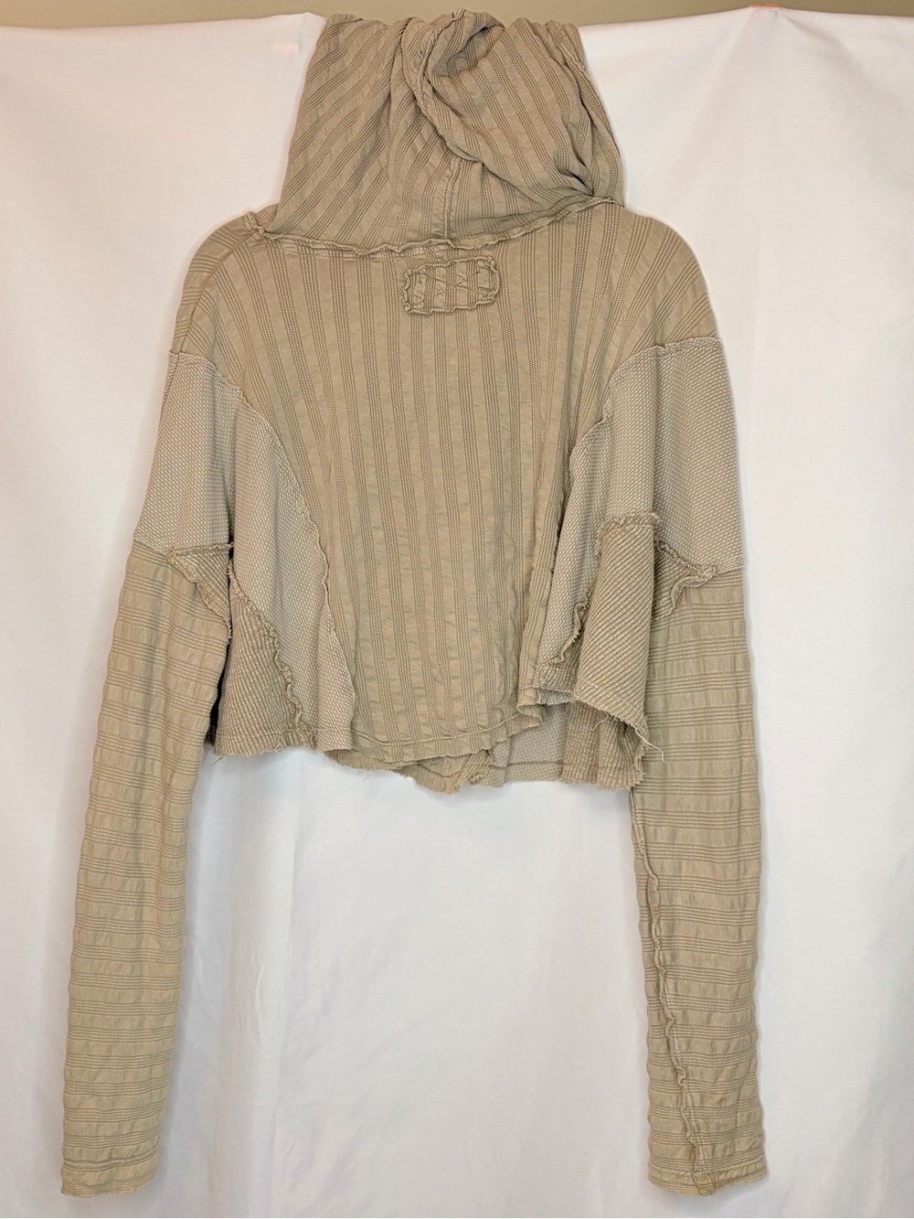 Free People We The Free Aries Hoodie Taupe Hooded Thermal Patchwork Cropped Top - Picture 7 of 11